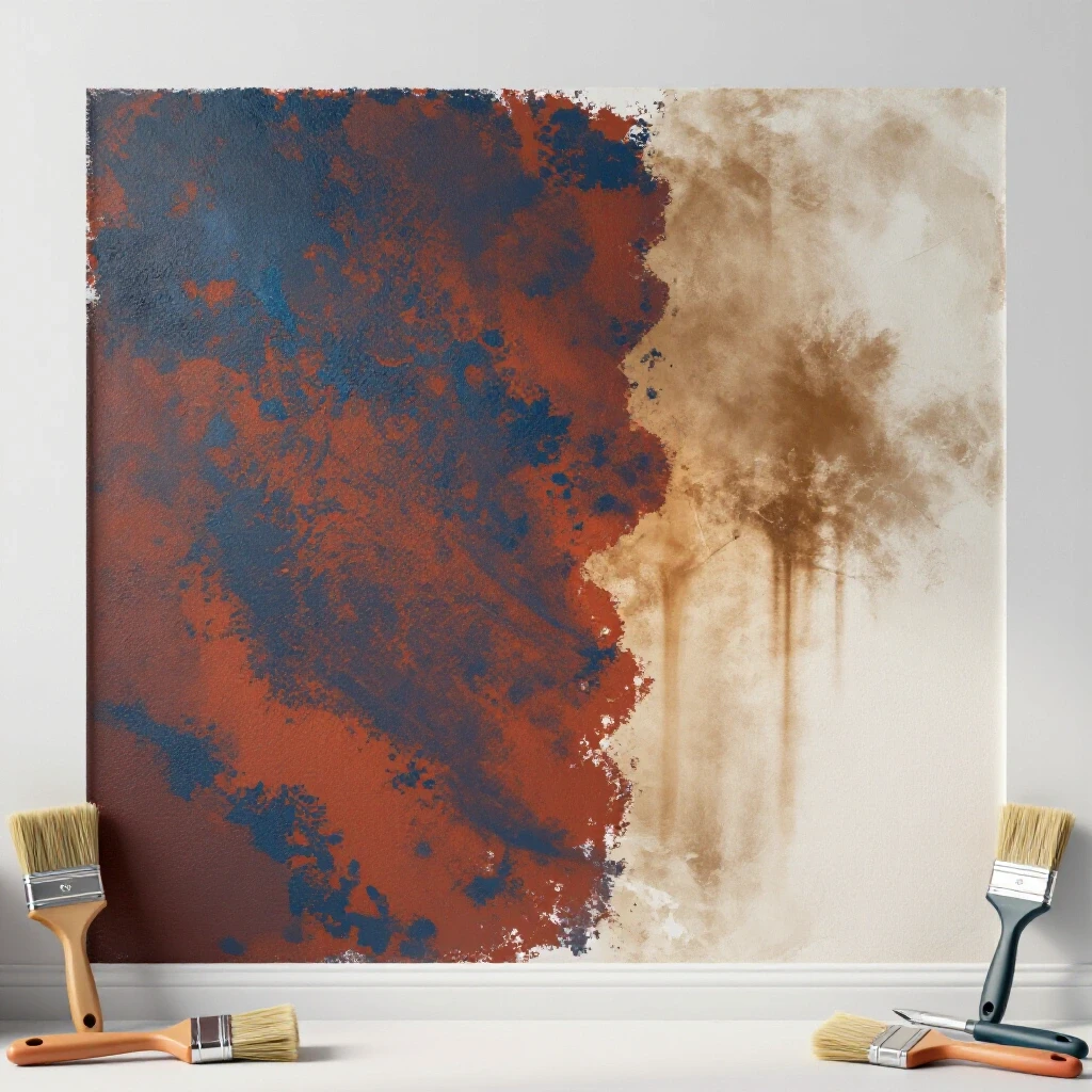 A striking image showing a freshly restored wall contrasted with a damaged section, with paint tools in the foreground.