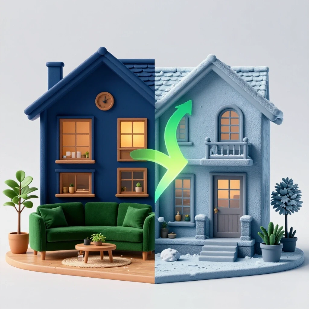 A split view image showcasing a cozy, warm home on one side and a cold, drafty exterior on the other, symbolizing insulation benefits.