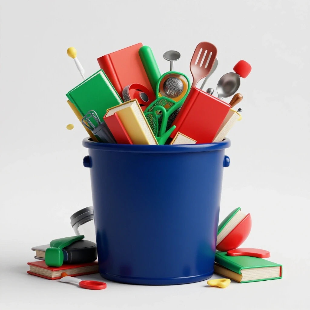 A vibrant overflowing return bin surrounded by colorful household items contrasting a clean organized living space.