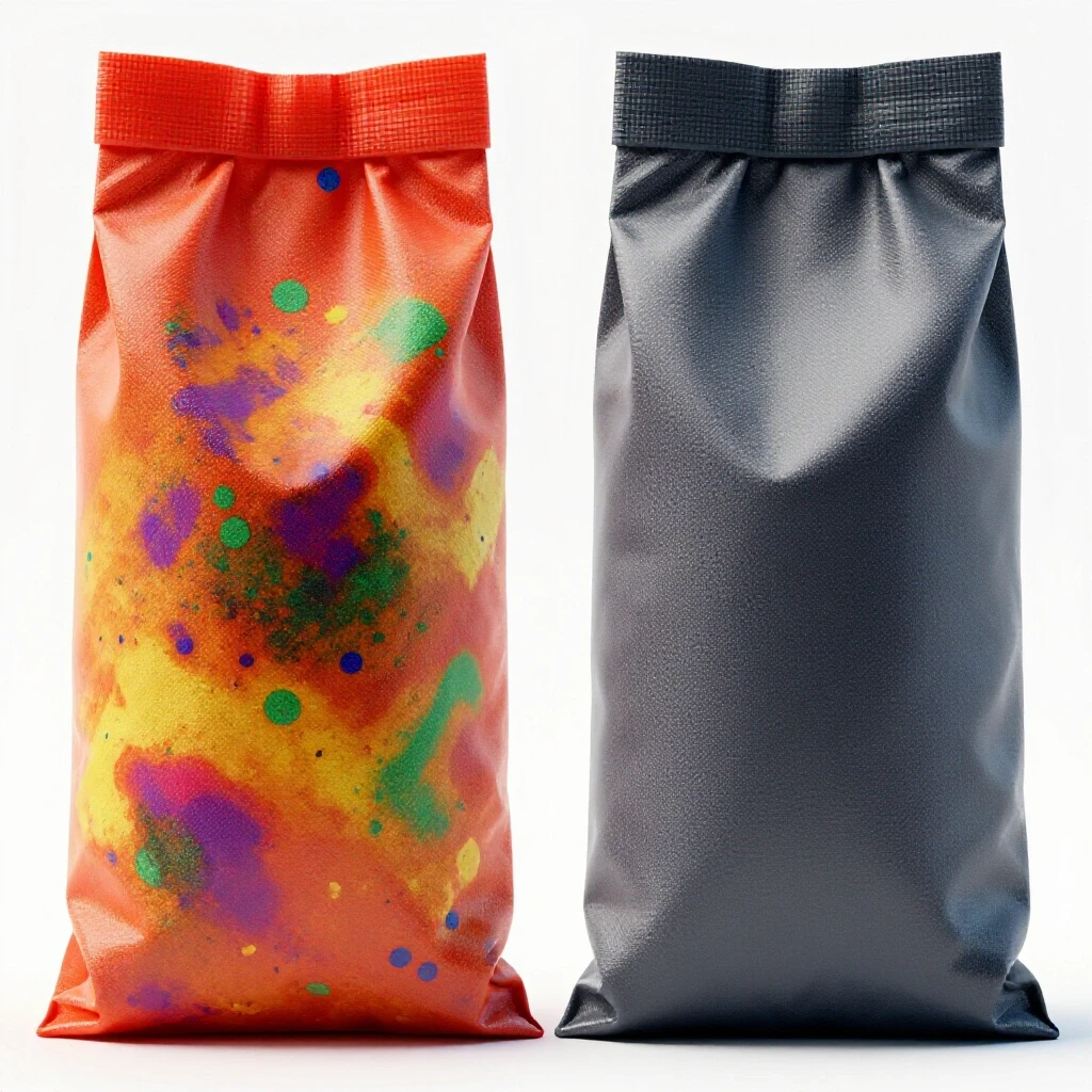 A split image of a reusable food bag showing a stained side and a pristine side after testing, on a bright background.