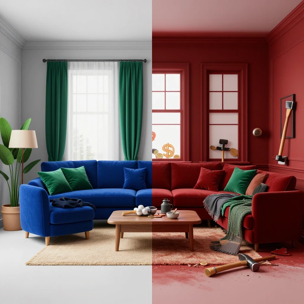 A split-screen image showing a renovated cozy living room alongside an outdated cluttered space, highlighting renovation themes.