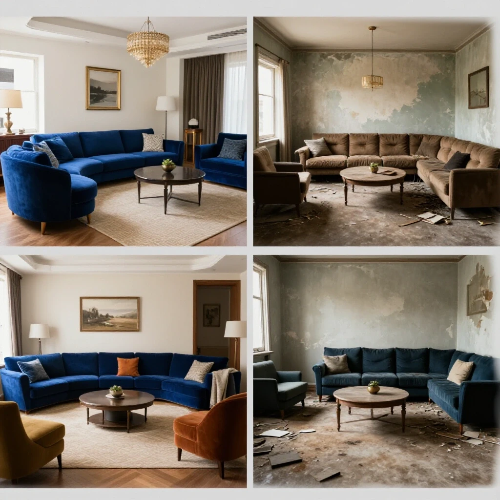 A split-image showcasing a vibrant, staged living room on one side and a neglected, dilapidated version on the other, emphasizing home buying risks.