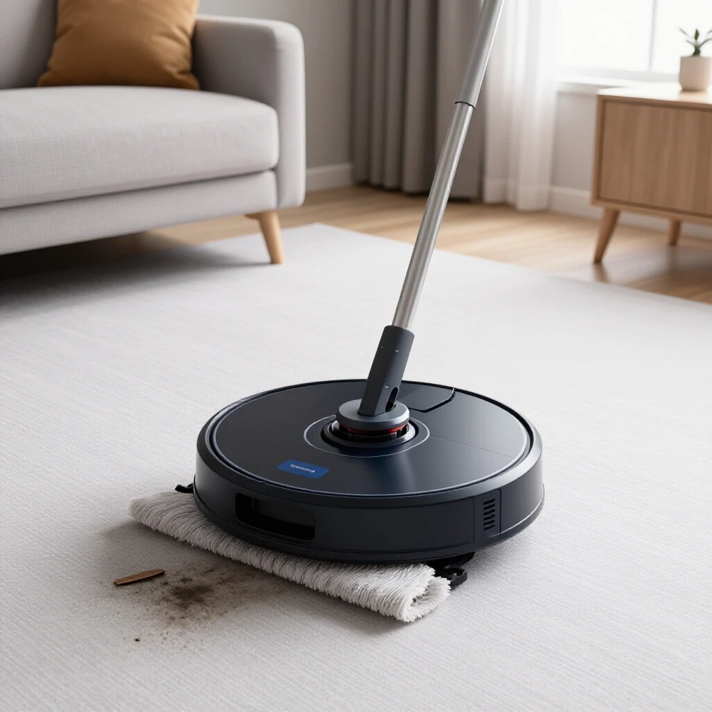 A sleek robot mop cleaning a living room floor, contrasting a clean area with a cluttered one.
