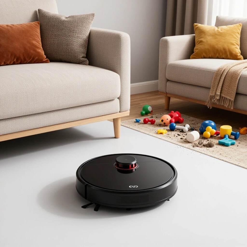 A robot vacuum cleaning a beautifully decorated living room with a messy corner, showcasing effectiveness.