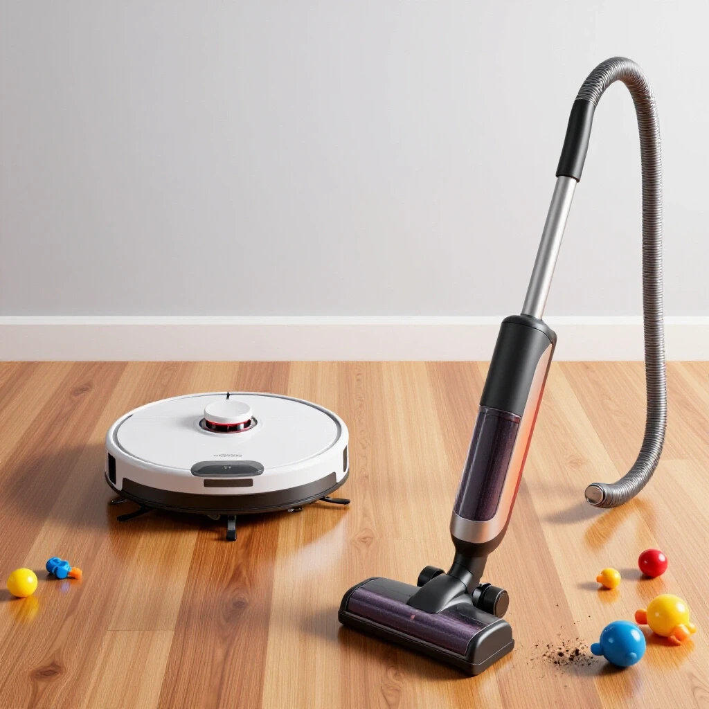 A modern robot vacuum gliding on shiny hardwood next to a traditional upright vacuum amidst scattered toys and dirt.