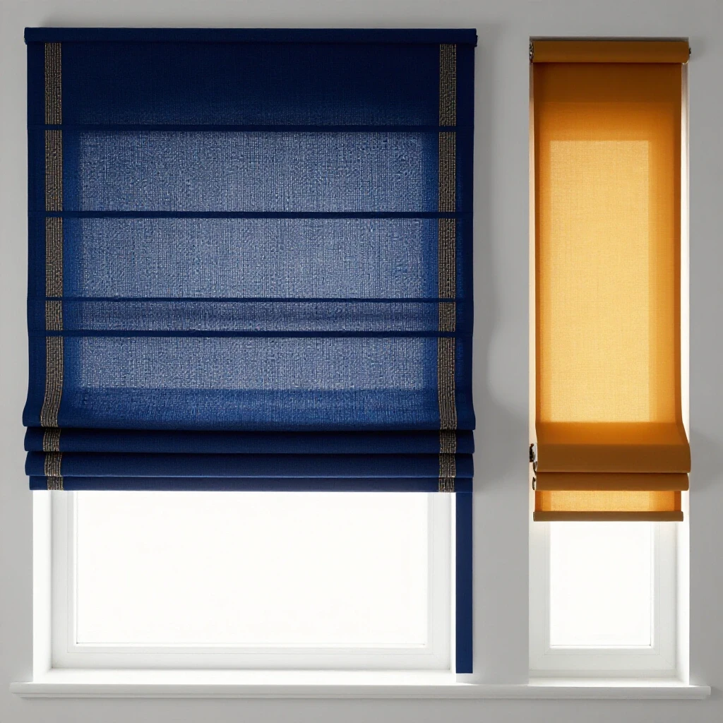 A stylish comparison of a window featuring elegant Roman shades on one side and minimalist roller shades on the other, showcasing their unique designs and lighting.