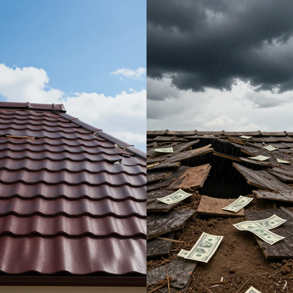 A split image showing a beautifully repaired roof in bright sunshine and a dilapidated roof under dark clouds with dollar bills falling, highlighting roof repair costs.