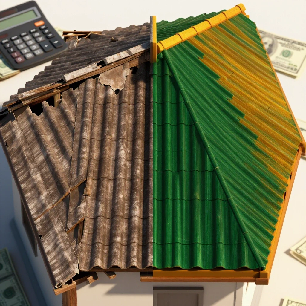 A visual comparison of a worn roof and a newly installed roof, highlighting transformation and cost elements.