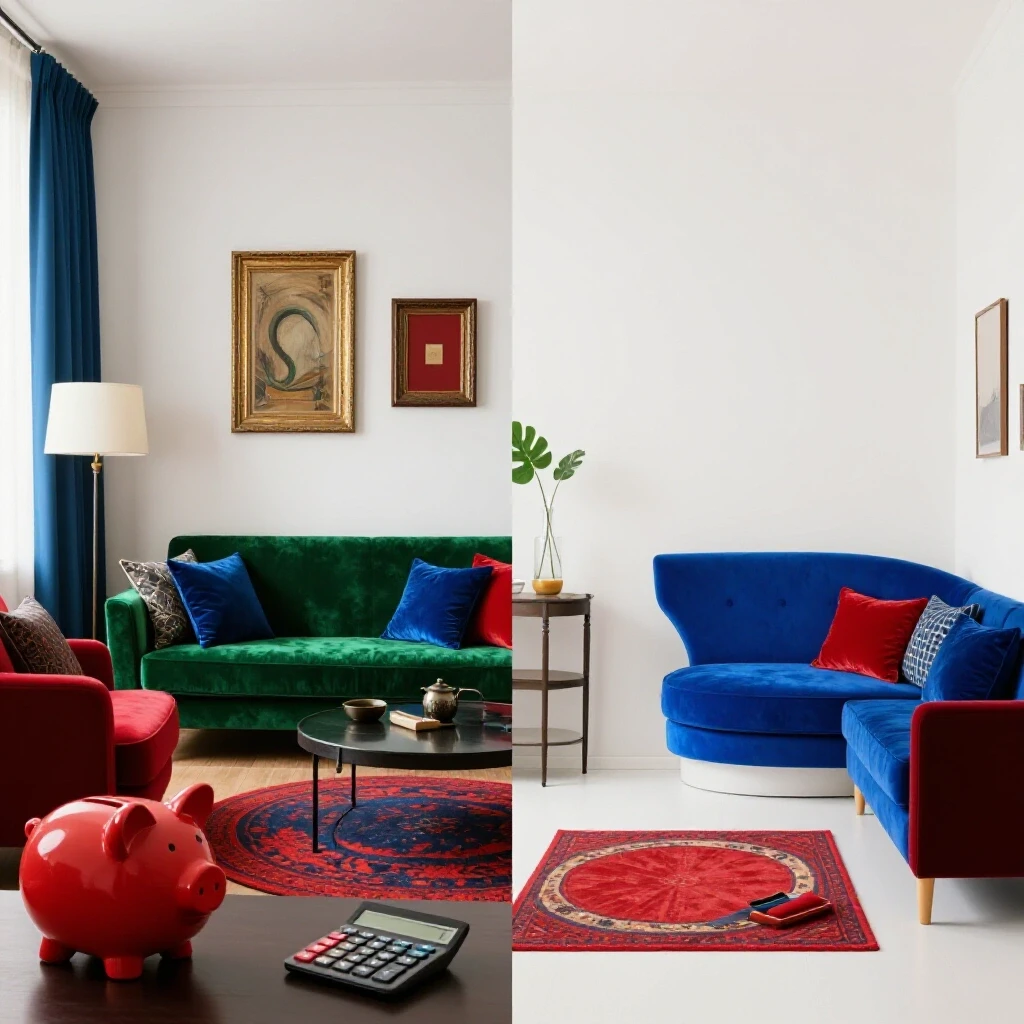 Split image showing a lavishly decorated room contrasting with a budget-friendly minimalist space, featuring money symbols.