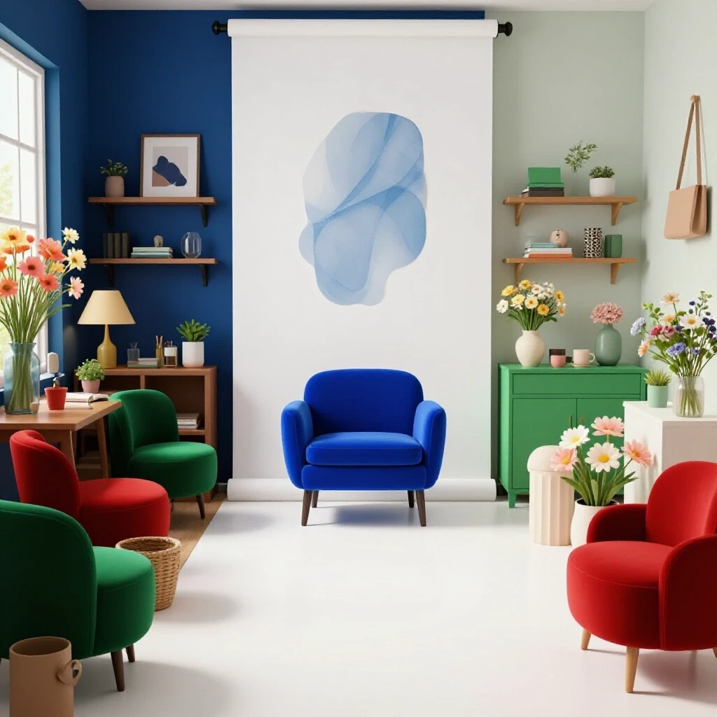 A vibrant room showcasing a spring decluttering transformation from chaos to serenity with flowers and decor.