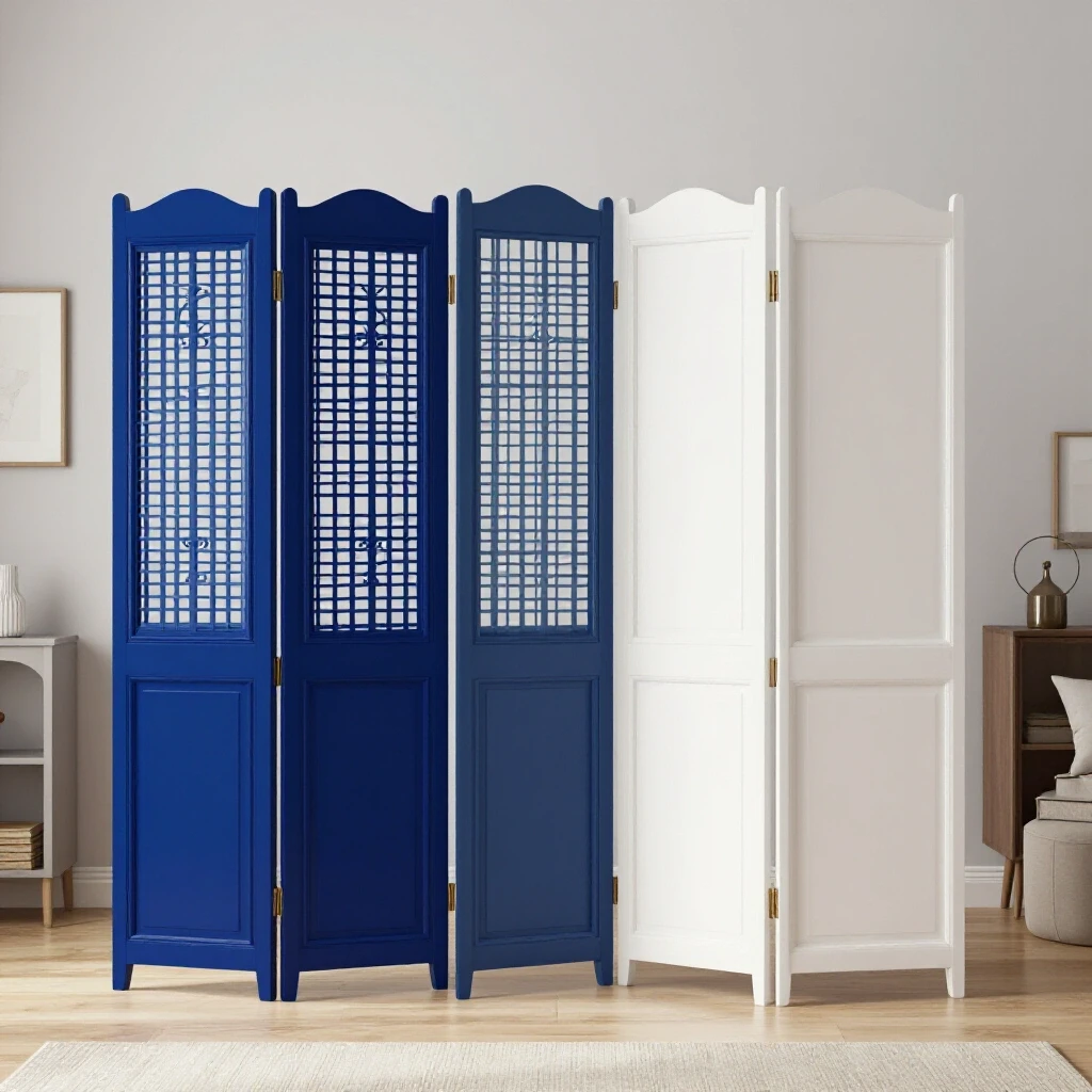 A stylish room divider separates two distinct interior spaces, showcasing high-end and budget-friendly decor styles.