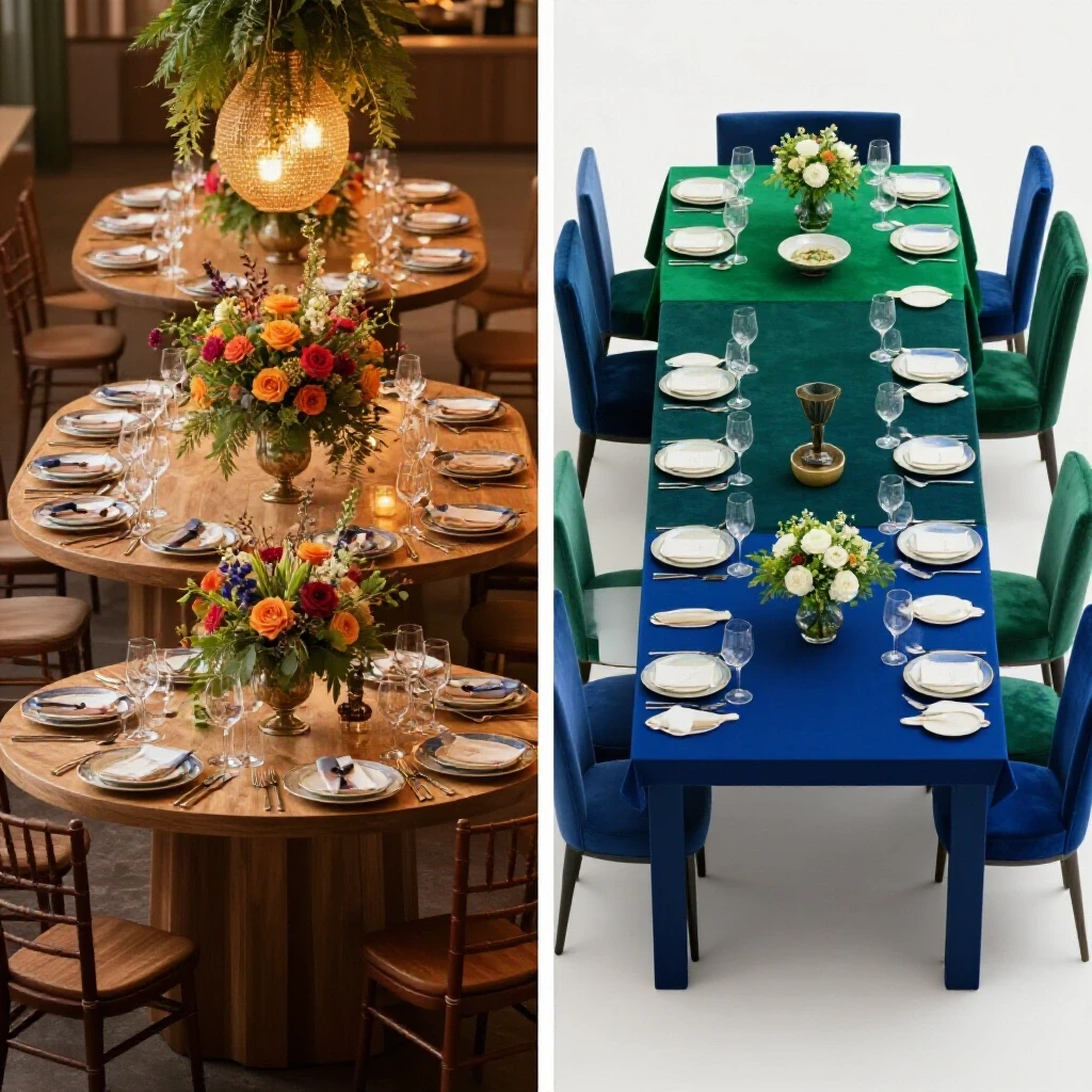 Split image comparing a cozy round table setup with a formal rectangular table arrangement in a bright setting.