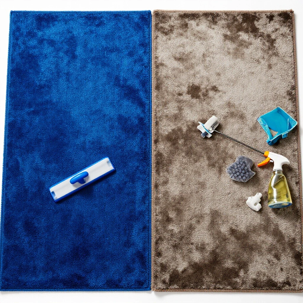 A visually striking comparison of a pristine blue rug and a soiled rug with cleaning tools, showcasing stark contrasts.