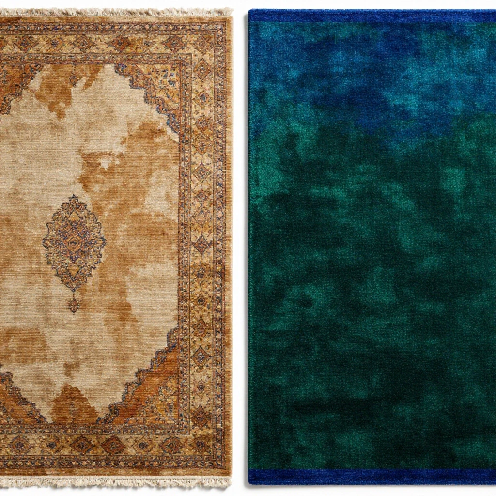 A split image showcasing a frayed rug pad on one side and a vibrant, thick rug pad on the other, highlighting durability.