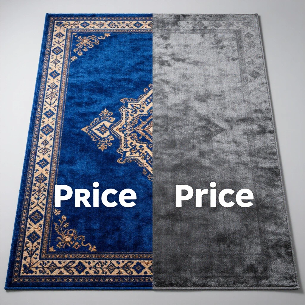 A vibrant royal blue rug next to a muted grey rug, illustrating price disparity in a cost comparison guide.