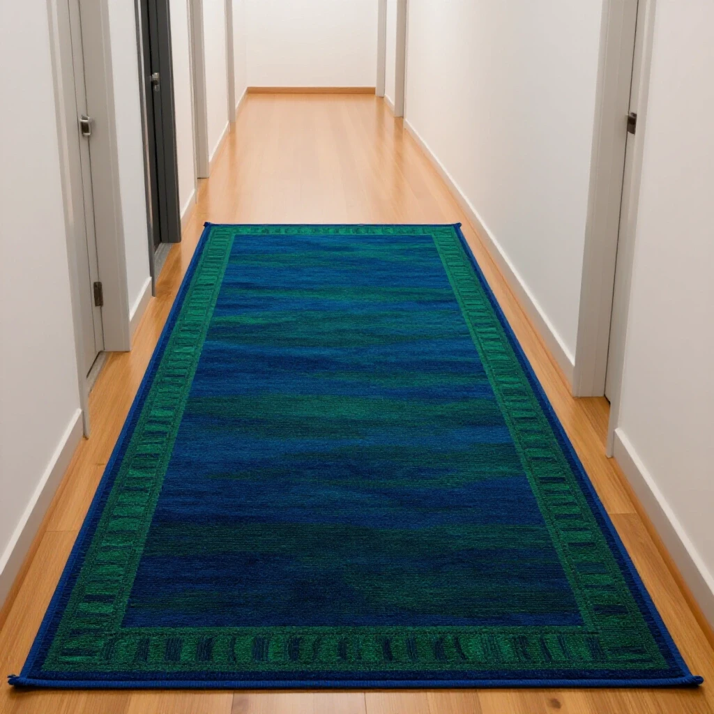 A vibrant runner rug slipping in a hallway with dynamic motion blur on one end, set against a bright background.