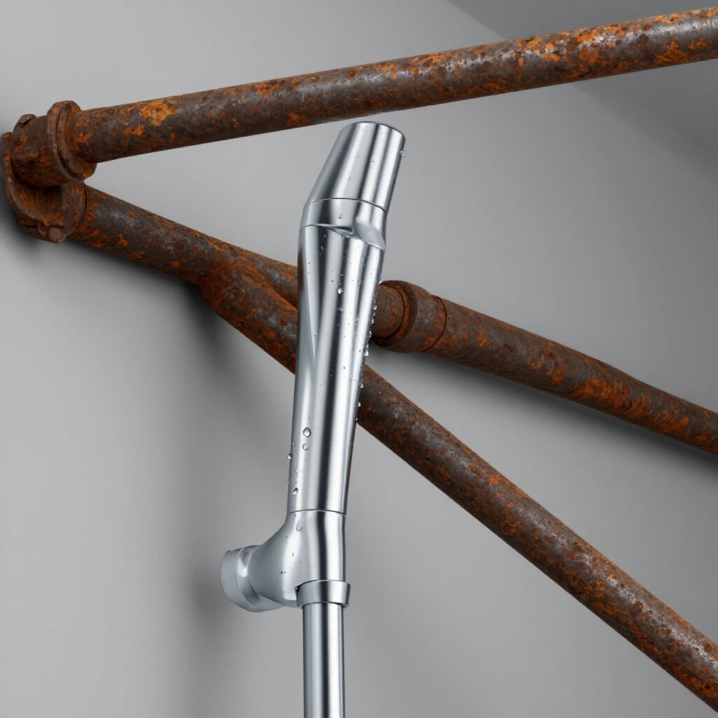 A shiny new shower rod contrasted with a rusty old rod, illustrating a transformation and renewal, with water droplets for added effect.