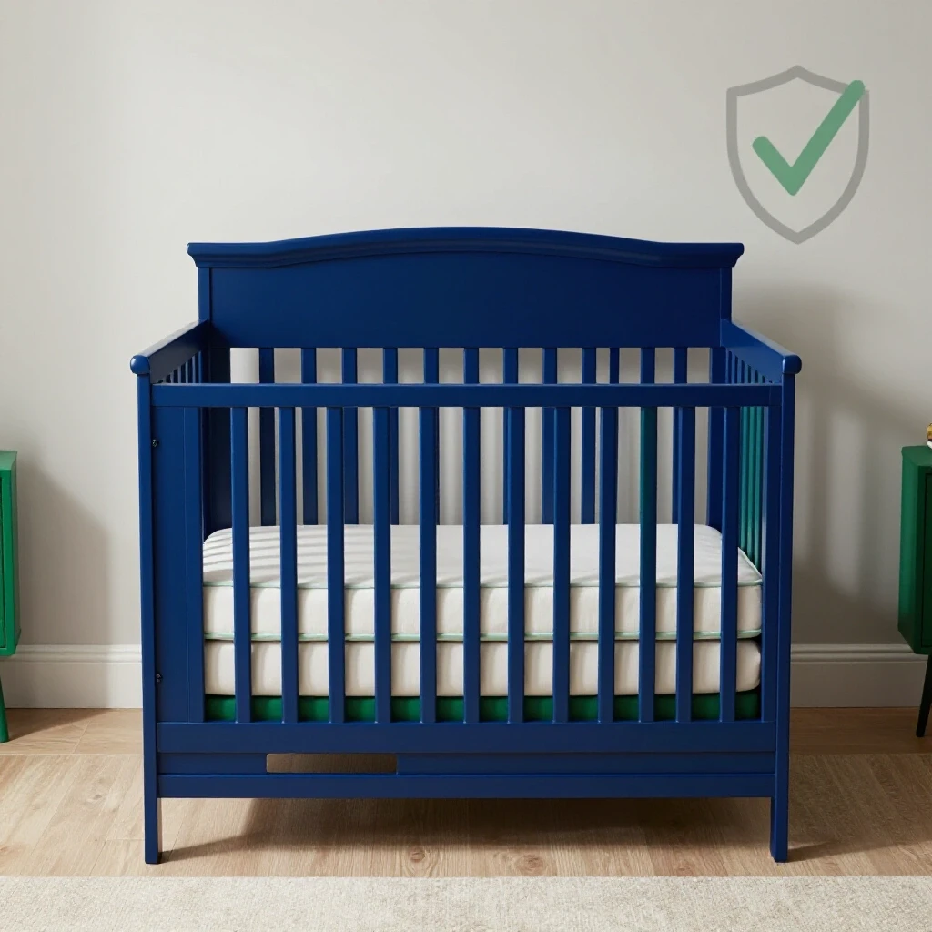 A beautifully designed nursery with safe furniture, featuring a deep blue crib against a bright background, evoking a sense of security.