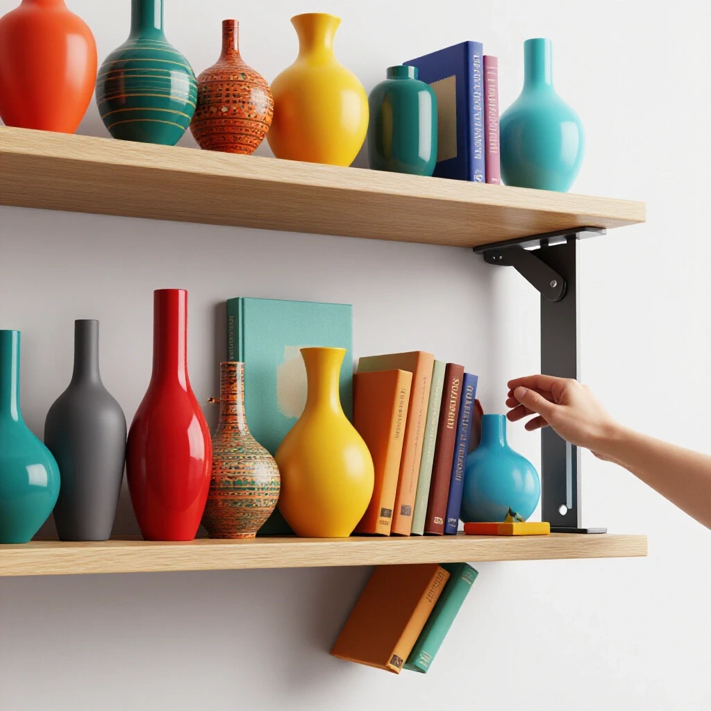 A shelf sagging under colorful decorative items, with a hand installing a modern support bracket in a bright studio setting.