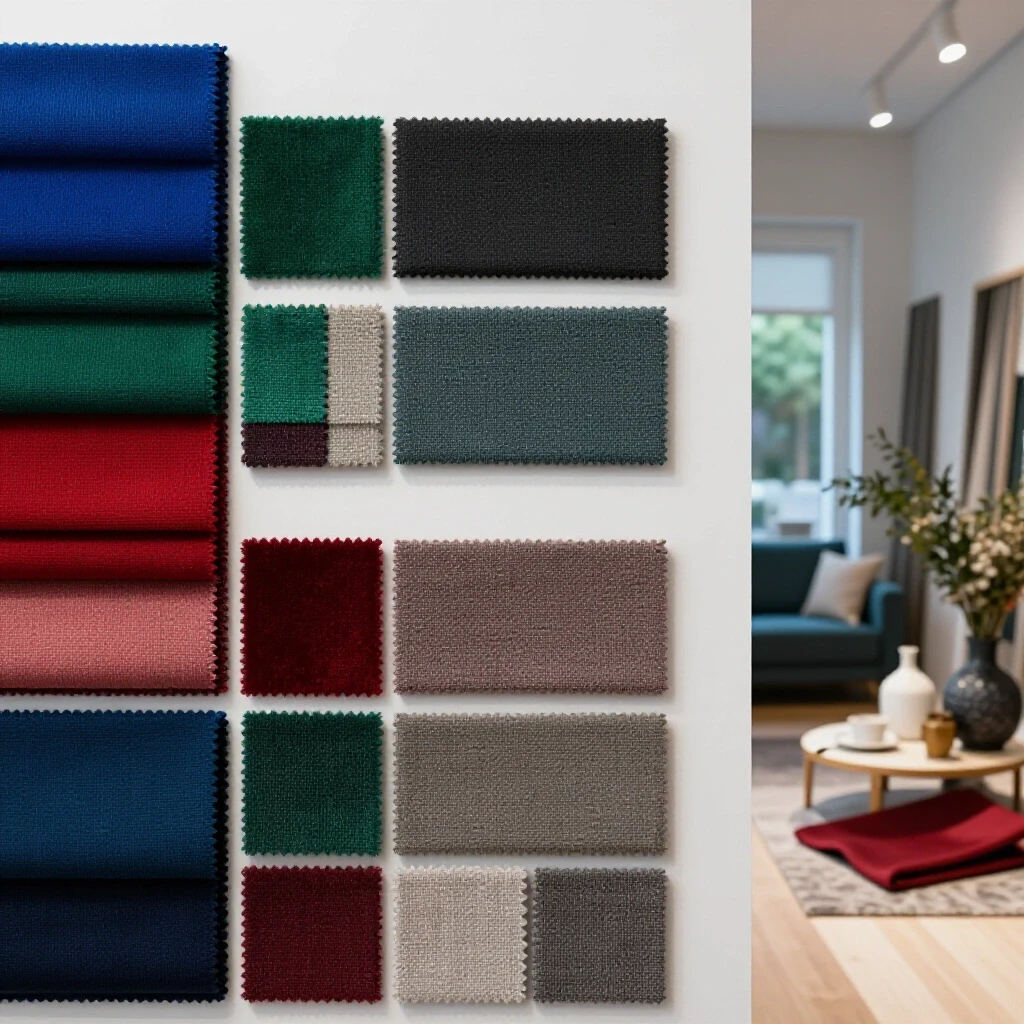A vibrant sample board of fabrics and colors on one side juxtaposed with an inviting decor store scene on the other, showcasing home decor options.