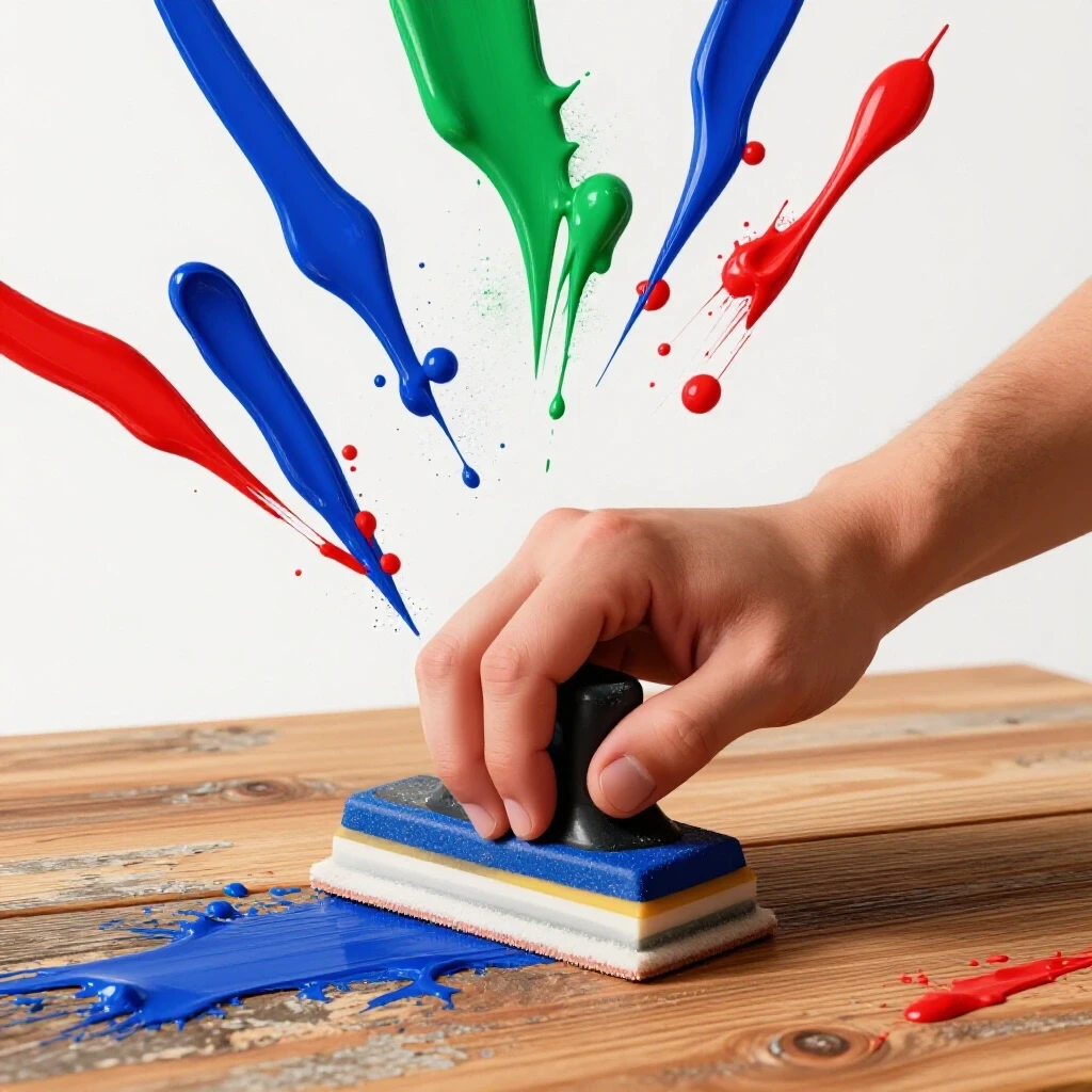 Close-up of a hand sanding a weathered wooden surface with vibrant paint splashes in a bright studio setting.