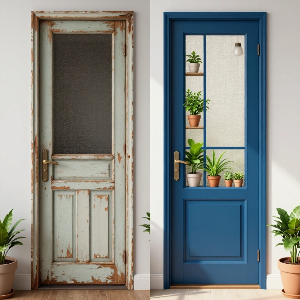 A split image showing an old screen door on the left with peeling paint and a new stylish screen door on the right with vibrant decor, against a bright background.