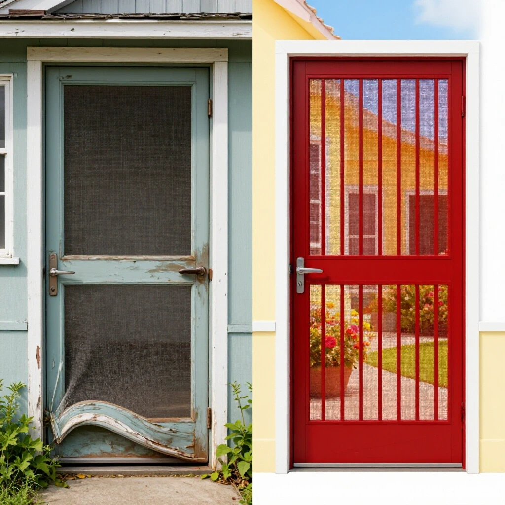 Before and after transformation of a screen door: sagging on one side and perfectly aligned on the other.