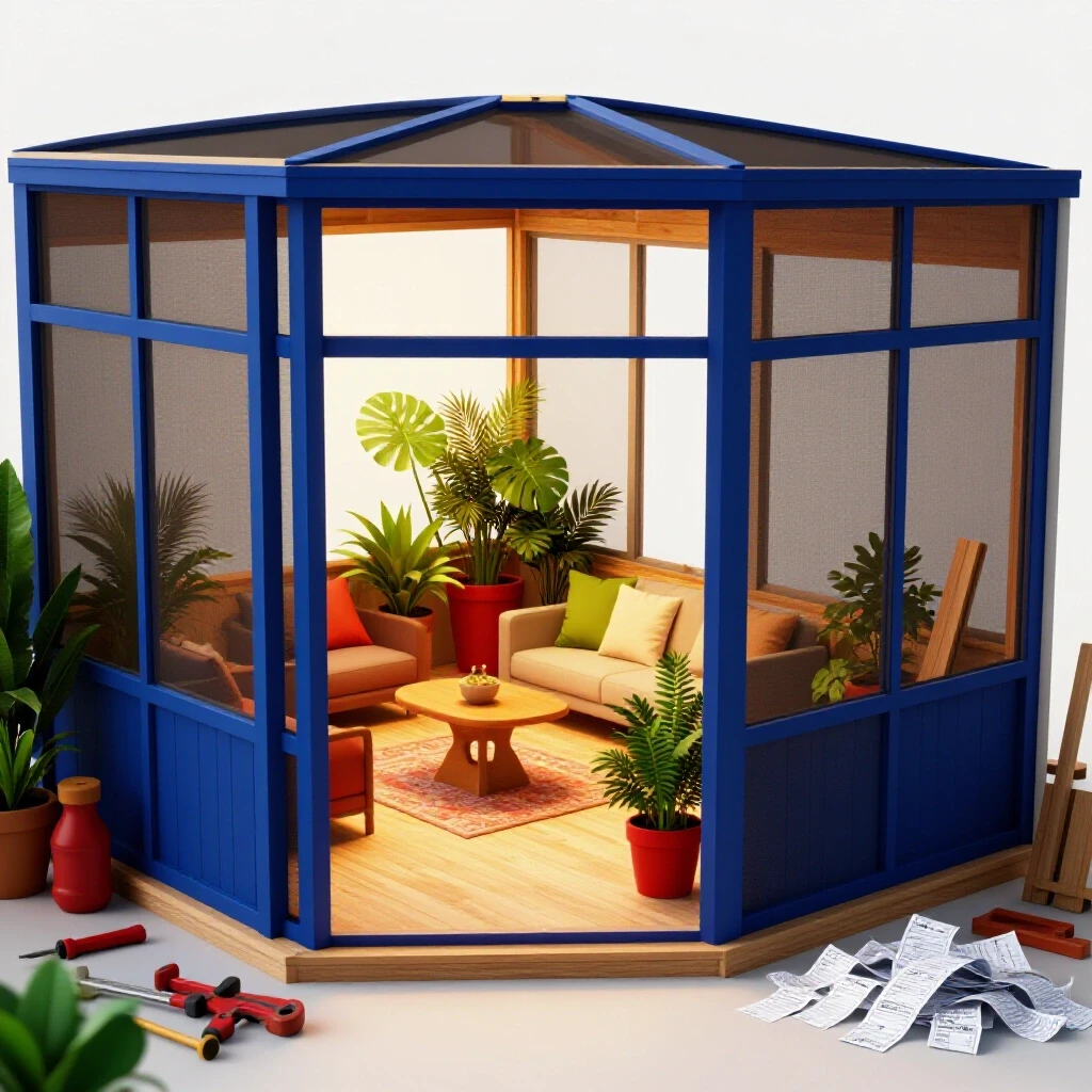 Partially constructed screen porch showing bright cozy space with plants and dark tools on the other side.