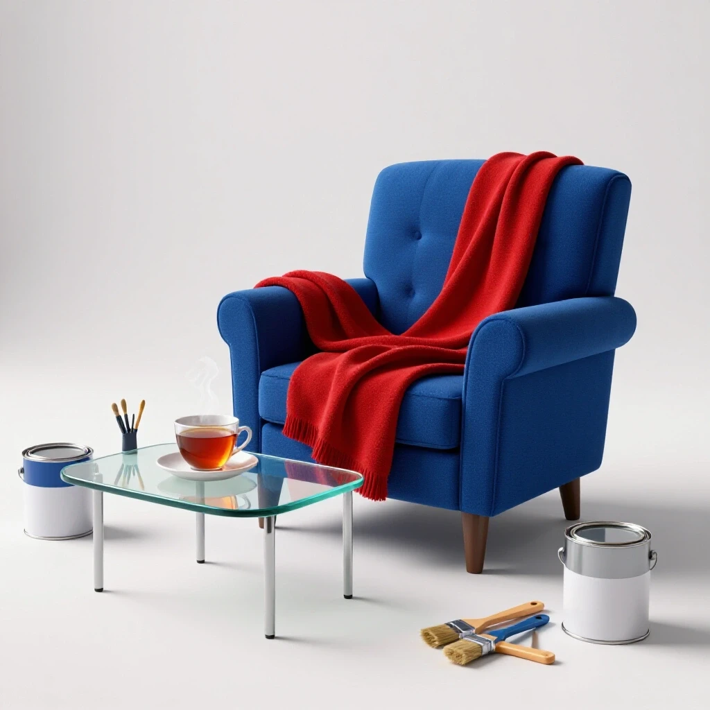 A cozy interior featuring a plush armchair, cozy blanket, and renovation supplies, balancing comfort and disruption.