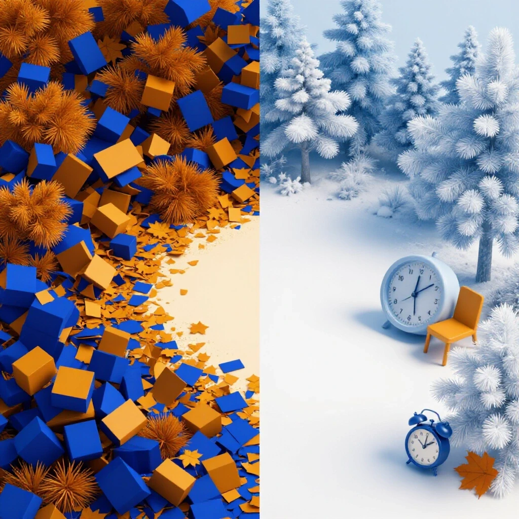 A contrasting 3D representation of a chaotic space transitioning into an organized area, symbolizing decluttering and organization.