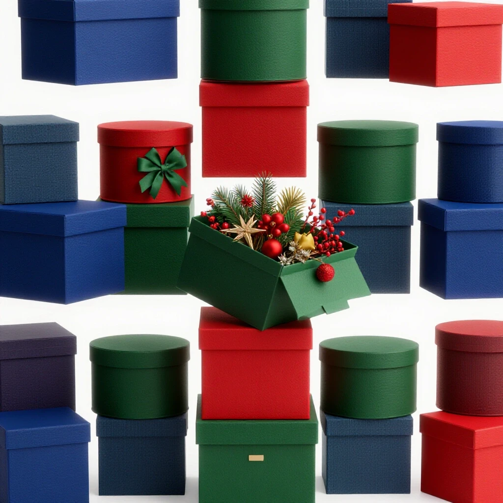 A vibrant stack of seasonal decor boxes with one box open, showcasing colorful decorations against a bright backdrop.