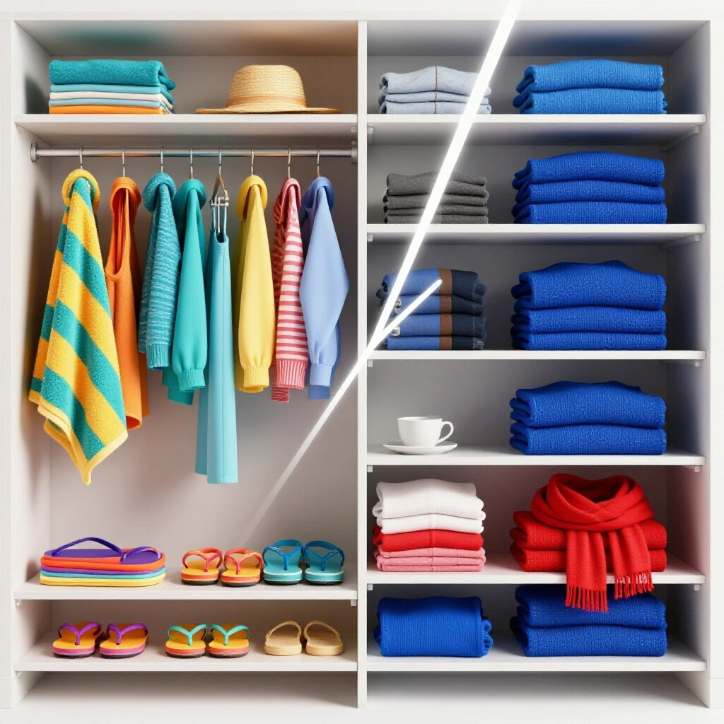 A split closet filled with vibrant summer gear on one side and neatly organized winter items on the other, illustrating seasonal rotation.