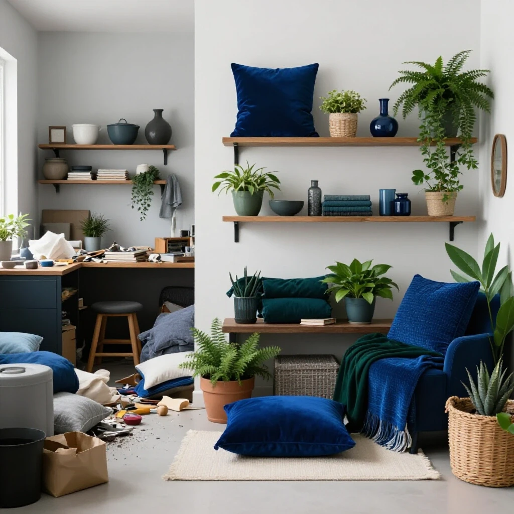 A compelling split-image showing a chaotic home space on the left and an organized, seasonal-inspired area on the right, highlighting the contrast of clutter versus organization.