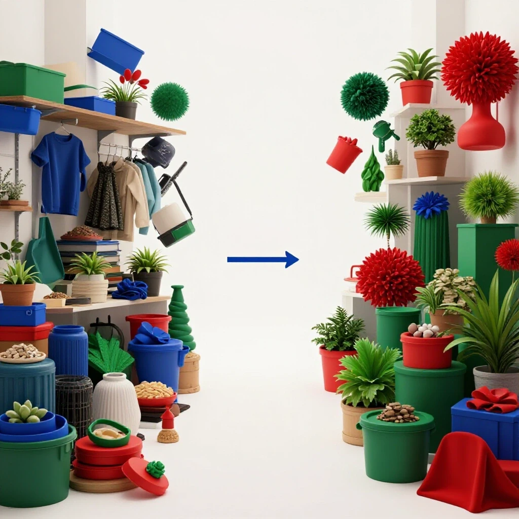 A dynamic visual showing a chaotic cluttered area transforming into a beautifully organized seasonal space, emphasizing home organization tips.