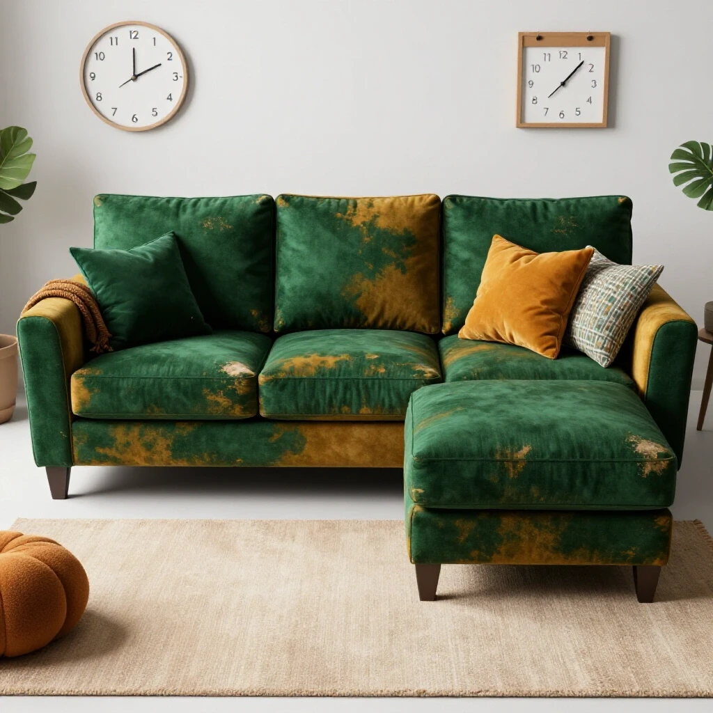 A well-worn emerald green sectional sofa in a bright living room, surrounded by vibrant pillows and throws, signifying durability.