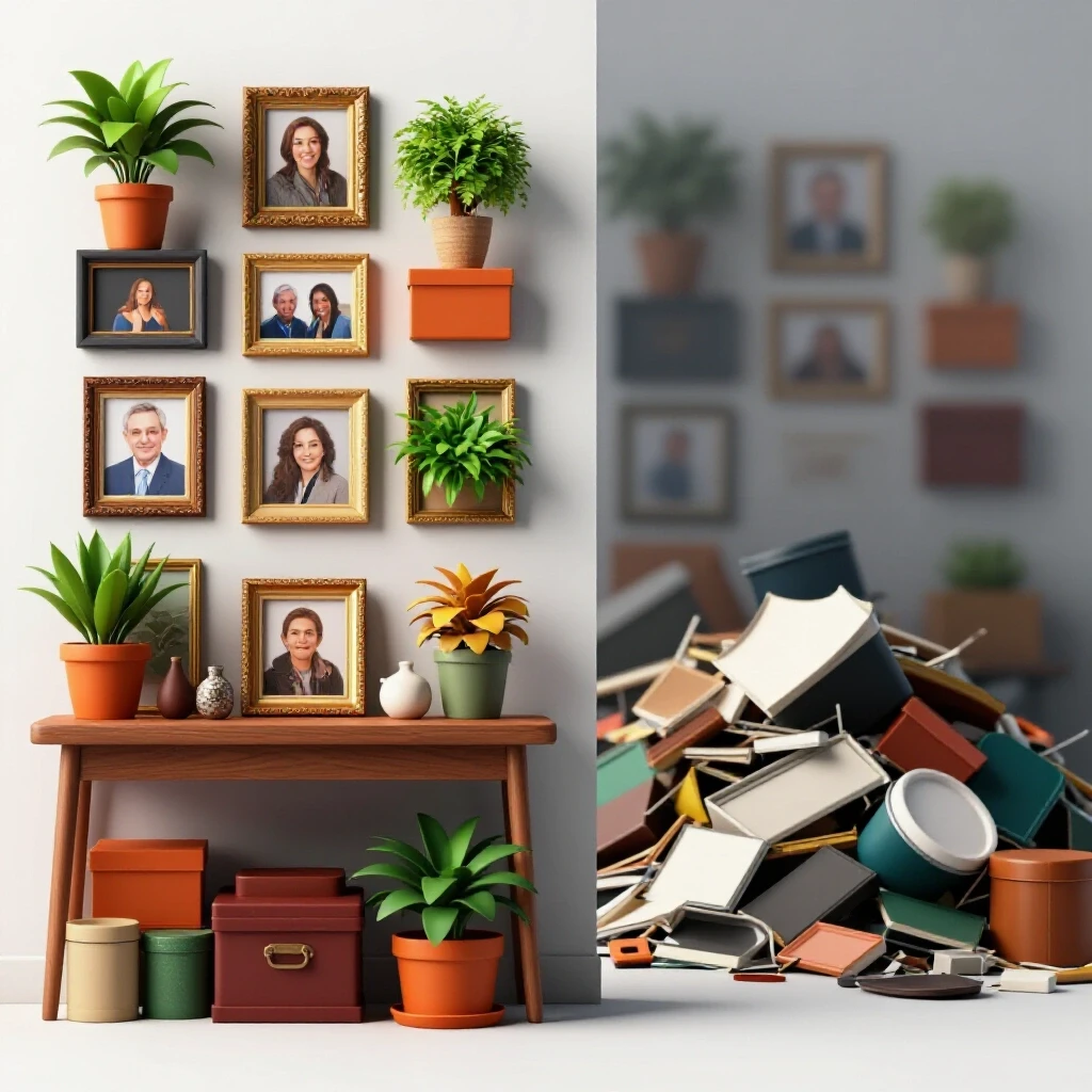 A split image showing a beautifully curated decor space with sentimental items on one side and a blurred chaotic pile of clutter on the other.
