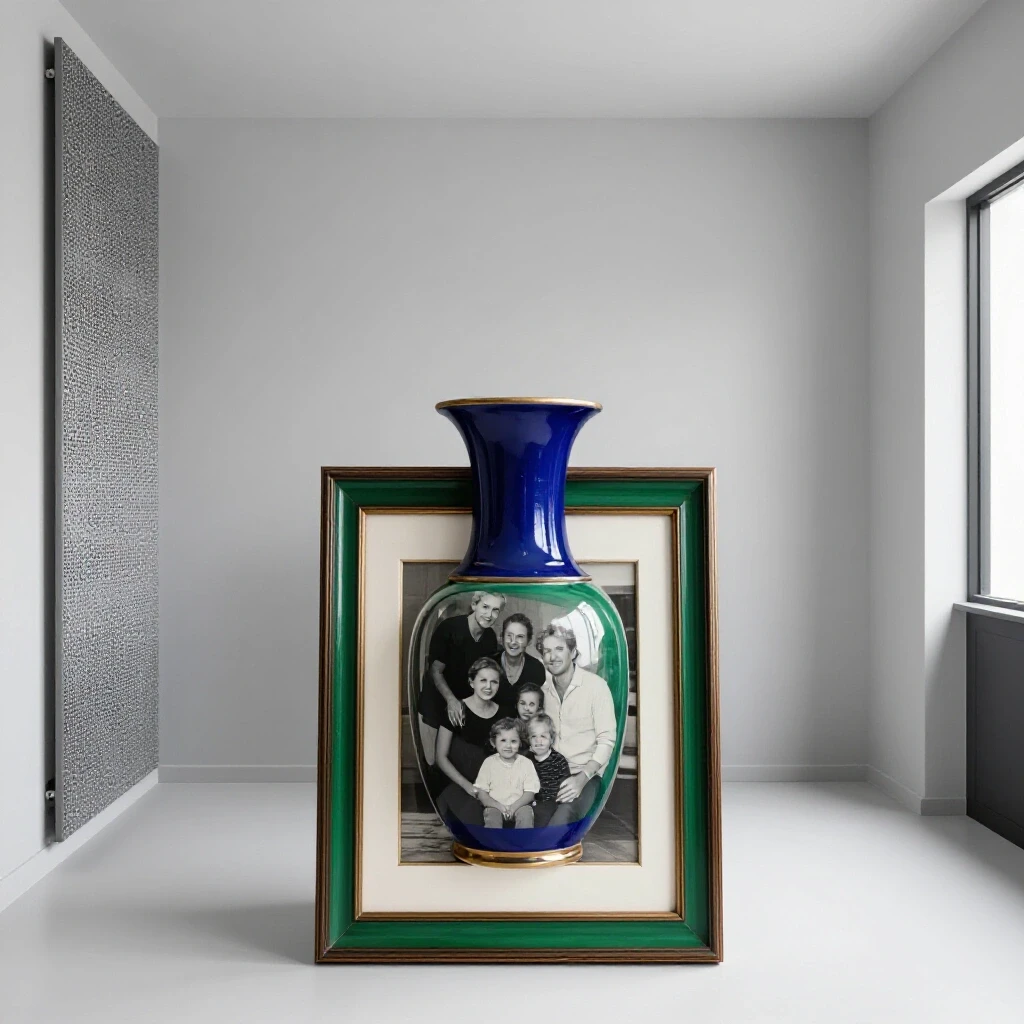 A modern room with a vintage heirloom piece, blending styles harmoniously with rich colors and bright lighting.