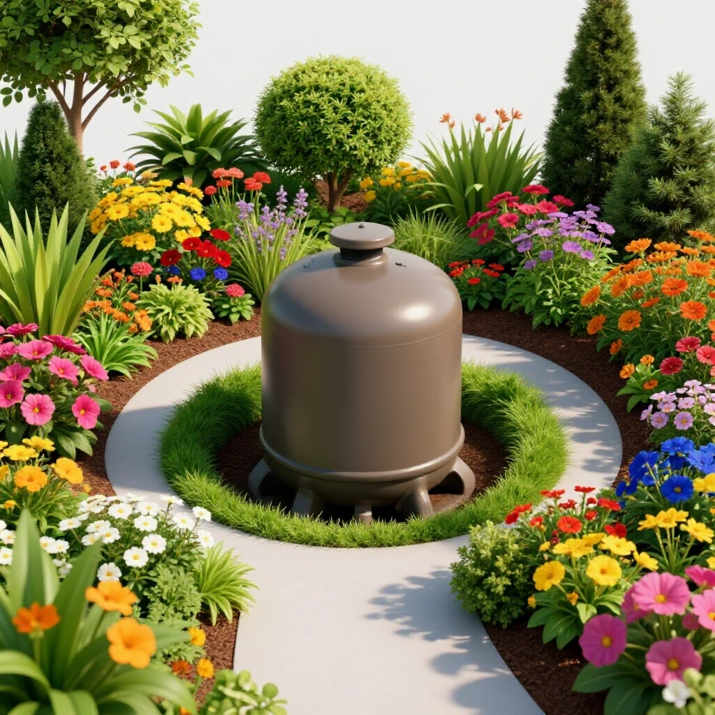 A vibrant garden with colorful flowers and discreetly hidden septic tank, emphasizing maintenance awareness.