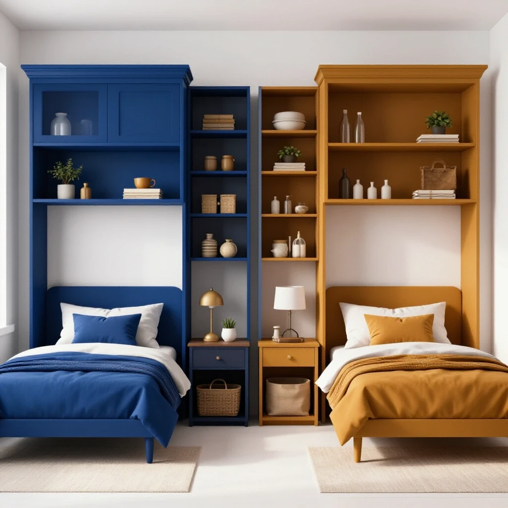 A beautifully organized shared bedroom displaying contrasting color schemes, highlighting cozy and functional design.