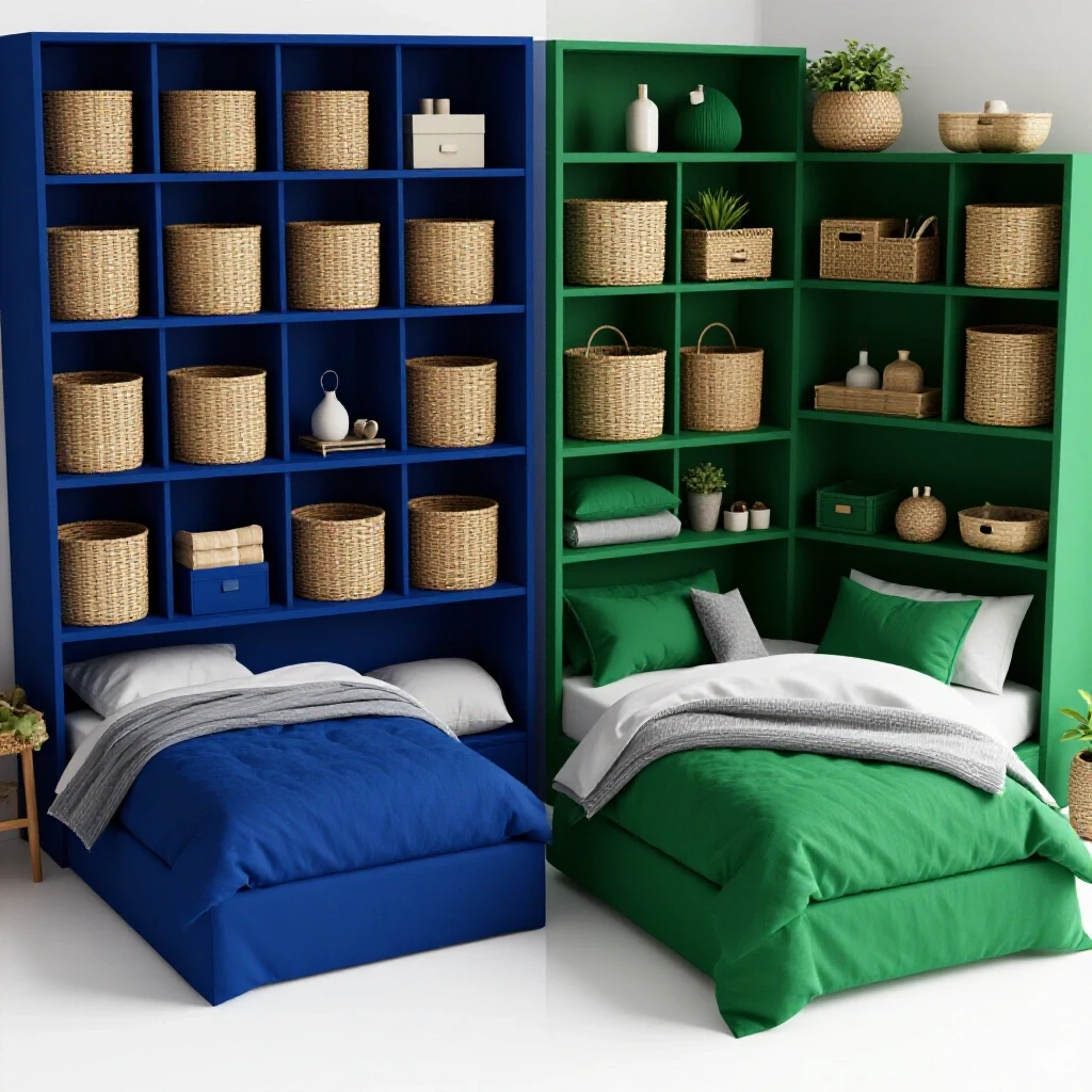 Organized shared bedroom showcasing contrasting colors and stylish storage solutions with elegant baskets and furniture.