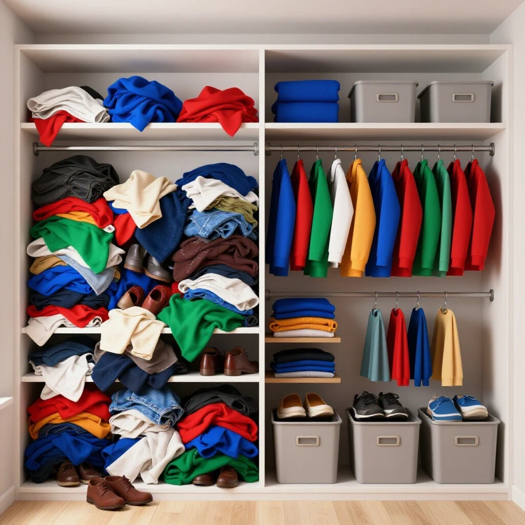 A split closet showcasing chaos on one side and organized harmony on the other, highlighting organization tips.