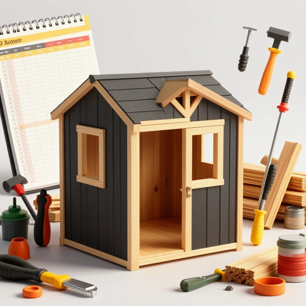 A partially constructed shed surrounded by tools and materials, showing a budget planner on one side and a messy pile of supplies on the other.