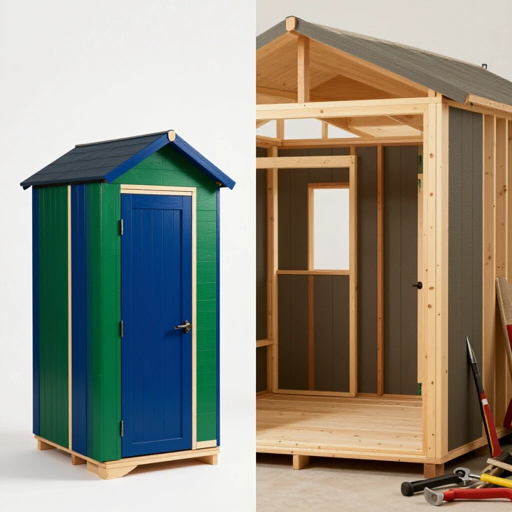 A visually striking comparison of a vibrant shed kit versus a muted partially constructed custom shed, showcasing ease versus complexity.