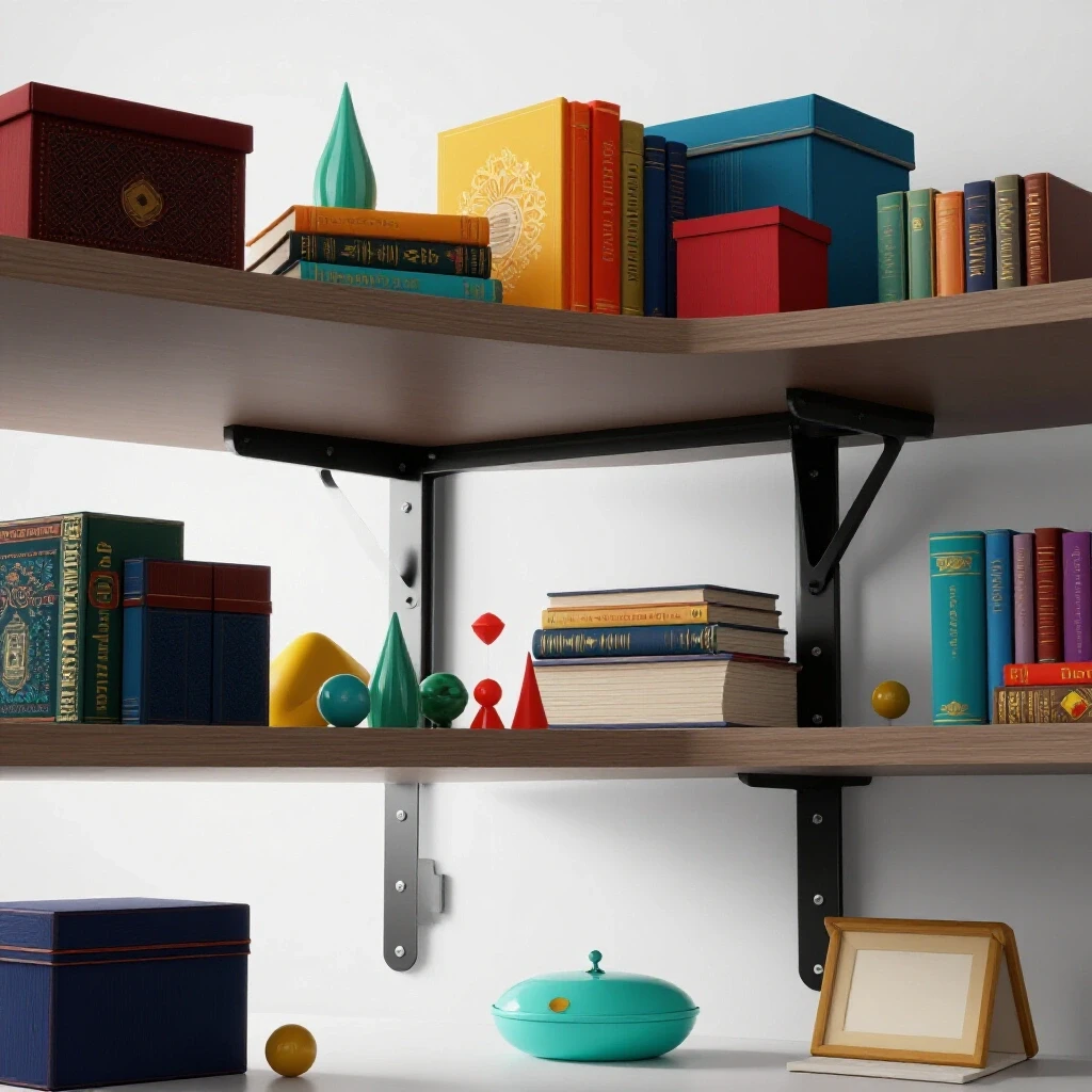 A colorful overloaded shelf displaying various items, showcasing a strong shelf bracket in a well-lit, bright setting.