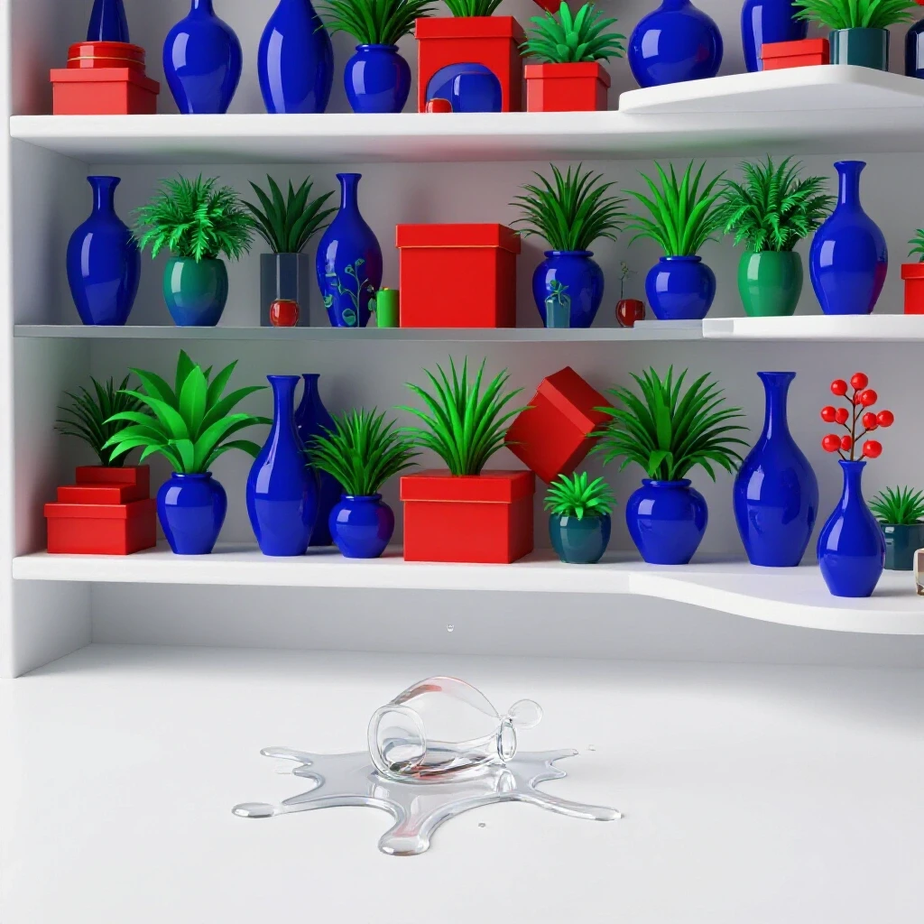 Vibrant shelf with colorful items and a clear spill on a plain shelf liner, showcasing protective qualities.