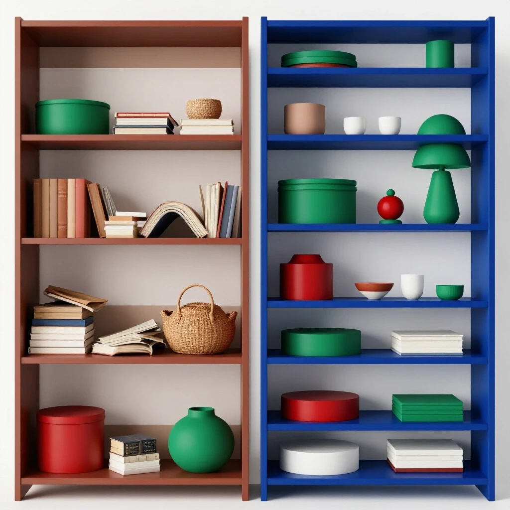 Before-and-after shelf styling transformation showcasing the difference between clutter and minimalism.