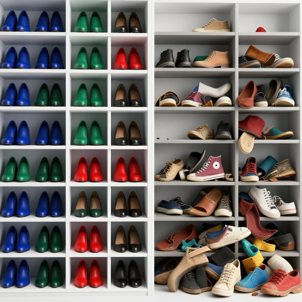 A split image showing a vibrant shoe organizer with stylish shoes on one side and a chaotic worn-out organizer on the other side, highlighting shoe organization.