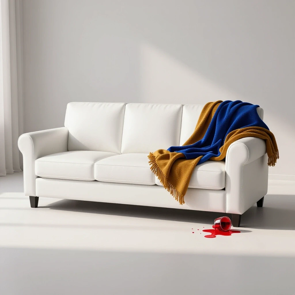 A pristine white couch in a bright room, with a colorful blanket and a spilled red drink, contrasting neatly.