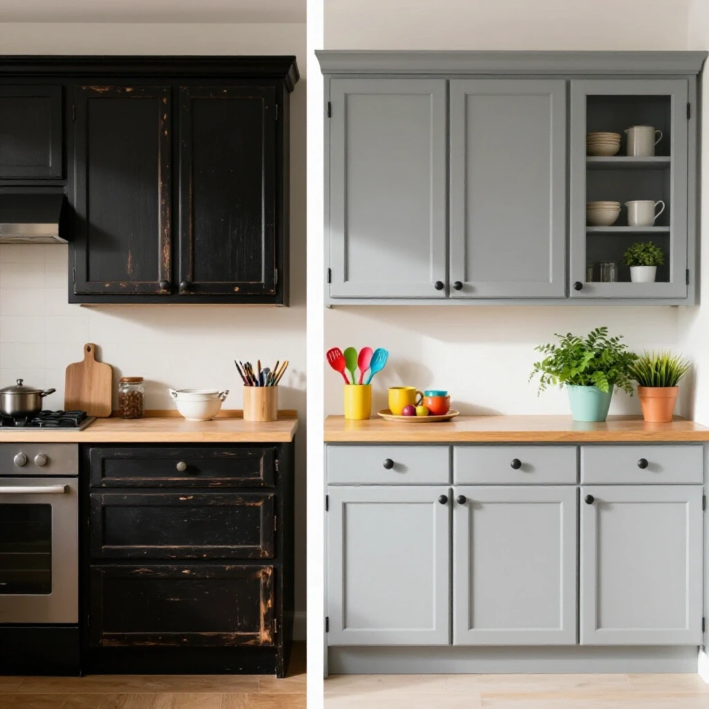 A kitchen transformation showcasing outdated dark cabinets on one side and renewed light gray cabinets with vibrant decor on the other side.