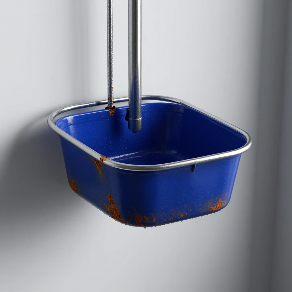 3D-rendered image of a dual-textured shower caddy showcasing rust and freshness, half submerged in water.
